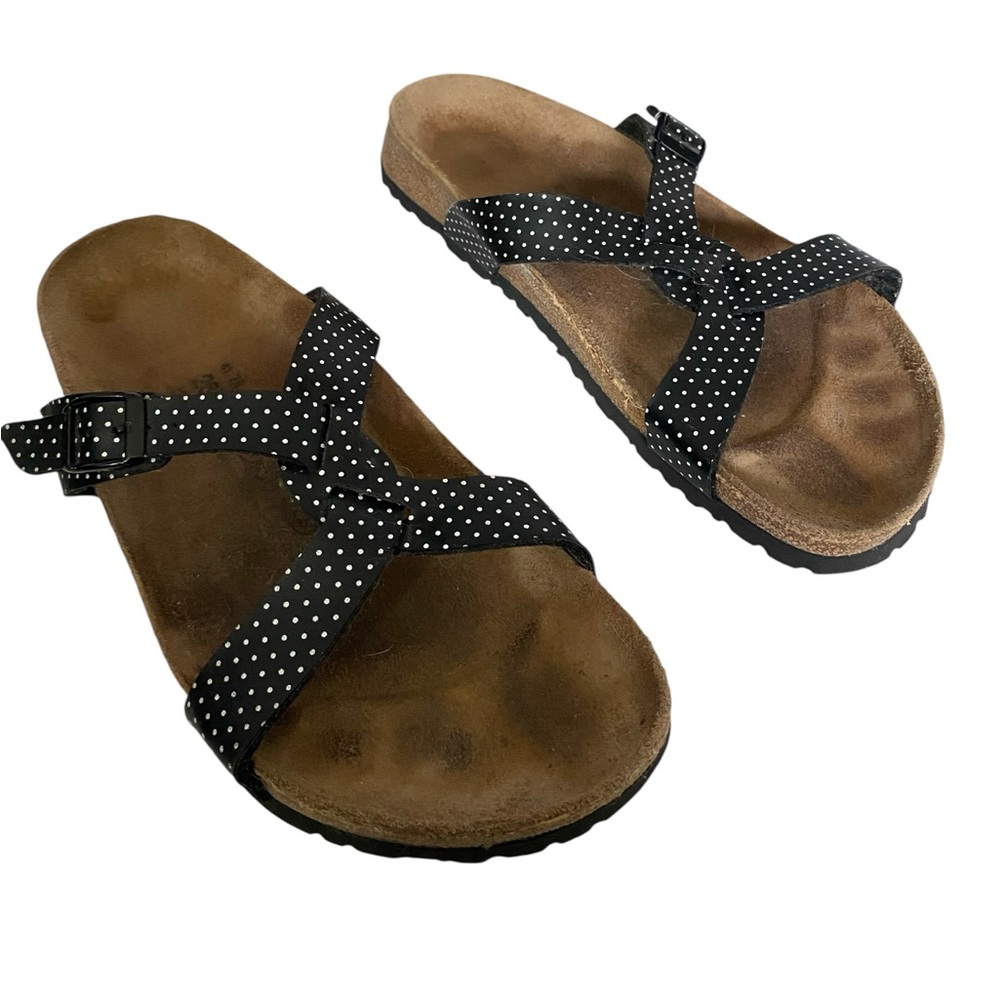 BIRKENSTOCK BLACK AND WHITE CRISS CROSS SLIDE SANDALS SZ 10 - Picture 2 of 4